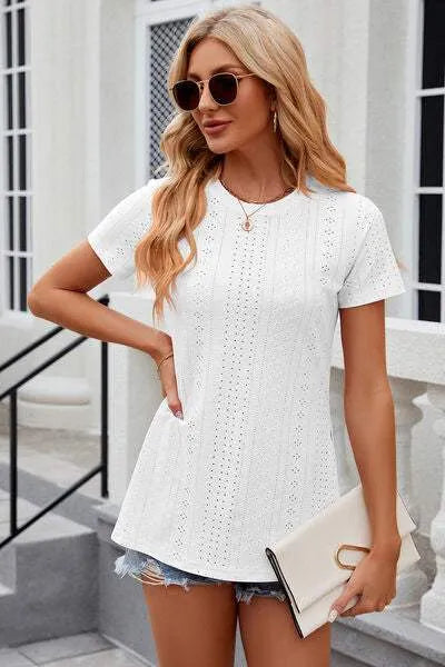 Eyelet Slit Round Neck Short Sleeve T-Shirt White Women's T-Shirts - Tophatter Daily Deals